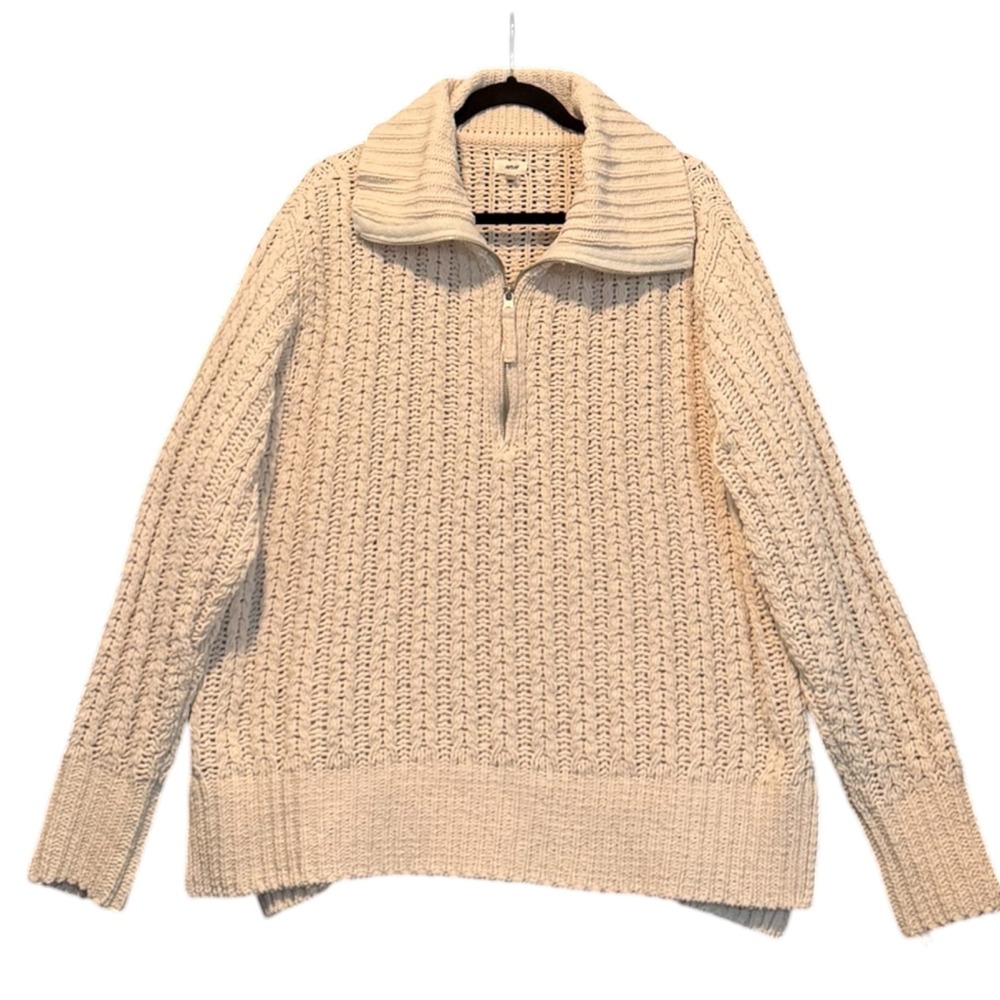 Aerie Cable Car Quarter Zip Sweater Cream Chunky Knit Oversized Pullover Tunic M